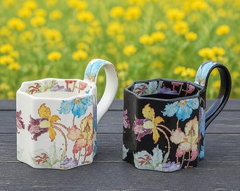 Taza de cerámica floral hecha a mano – Taza de té botánica, taza de café de gres geométrico