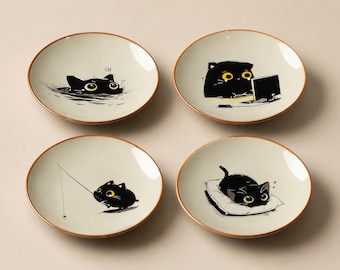 Handmade Ceramic Cat Plate Set Four Small Saucer Trinket Snack Serving Dish Gift Cottagecore