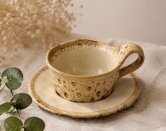 Juego de taza y platillo de cerámica hechos a mano, gres texturizado, bebida de café Wabi-Sabi