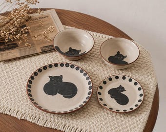 Juego de vajilla de cerámica hecha a mano con diseño de gato, cuencos y platos de cerámica estilo Wabi Sabi, regalo rústico para la cocina.