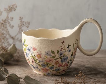Handmade Ceramic Floral Cup Wildflower Stoneware Tumbler Personalized Pottery Cottage Gift