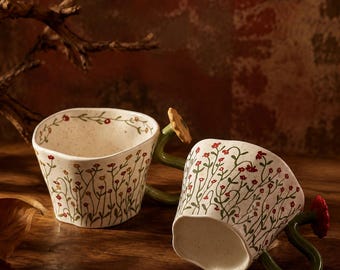 Juego de tazas de cerámica con diseño floral pintadas a mano, tazas de té rústicas de gres – Decoración de cocina