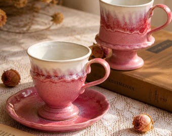 Juego de tazas de café de cerámica rosa hechas a mano, regalo romántico de taza de té Cottaggre