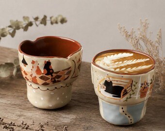 Handmade Ceramic Cat Mug Pair Personalized Wabi Sabi Coffee Cup Wedding Gift Latte Set