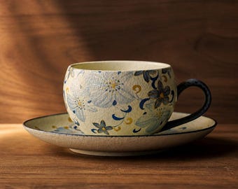 Taza de café de cerámica hecha a mano con flores de lirio dibujadas a mano y juego de tazas de té vintage.