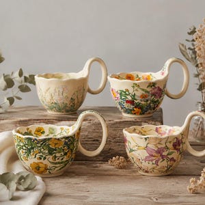 Puede incluir: Cuatro tazas de cerámica de color crema con bordes festoneados y grandes asas circulares. Cada taza presenta un estampado botánico distintivo y colorido de varias flores y follaje, incluyendo patrones florales amarillos y morados.