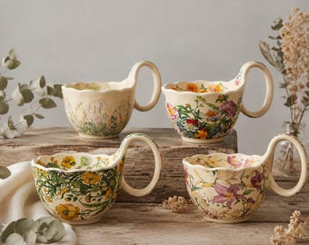 Taza grande de cerámica hecha a mano para fogata – Taza de té floral, taza de café rústica de gres, diseño pintado a mano