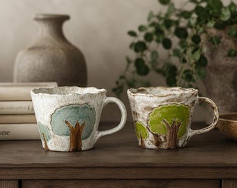 Taza de cerámica hecha a mano con forma de árbol, taza de café rústica de cerámica, taza de té artesanal, regalo de cocina de estilo cottagecore