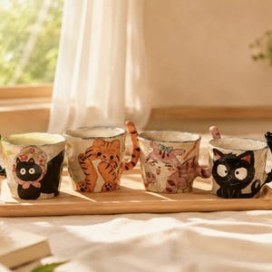 May include: Four ceramic mugs with cat designs. Each mug features a different cat illustration: a black cat, a tiger, a pink cat, and a black cat. The mugs are on a wooden tray.