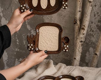 Juego de bandejas de pan de cerámica hechas a mano, platos para aperitivos con divertidos diseños de animales, plato de postre rústico de granja.