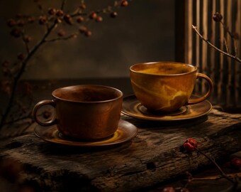 Handmade Ceramic Pottery Stoneware Campfire Mug Pair Rustic Glazed Floral Tea Coffee Drinkware Gift