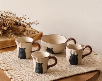 Taza de cerámica artesanal con diseño de gato, estilo Wabi Sabi, ideal para café o té. Regalo perfecto para el Día del Padre.