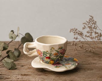 Juego de taza y platillo de té floral hecho a mano, cerámica estilo cottagecore, regalo personalizado de cerámica