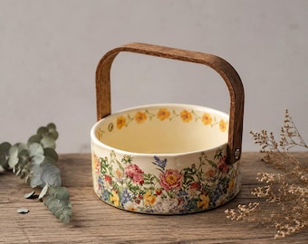 Cesta de cerámica floral, decoración estilo cottagecore, frutero rústico, centro de mesa, almacenamiento de granja, regalo