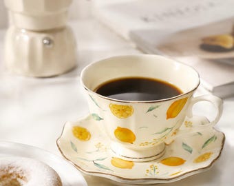 Tazas de cerámica personalizadas con diseño botánico de limón, taza y platillo de cerámica hechos a mano, vajilla rústica, regalo perfecto.
