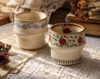 Tazas de café de cerámica hechas a mano, tazas de cerámica vintage con estampado floral, estilo rústico campestre.