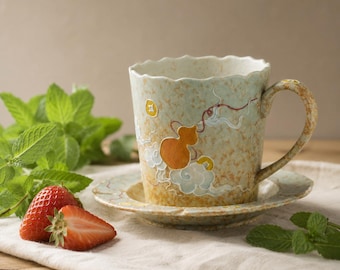 Juego de taza y platillo de cerámica con forma de calabaza, hechos a mano, vajilla esmaltada personalizada.