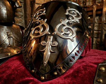 Handcrafted Polished Steel Heater Shield, Fleur-de-lis Metal Wall Decor, Renaissance Armor