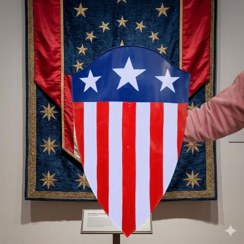 May include: A shield featuring a blue upper section with three white stars and a lower section with alternating vertical red and white stripes. The shield has a pointed bottom edge and a curved top edge, displaying a patriotic color scheme.