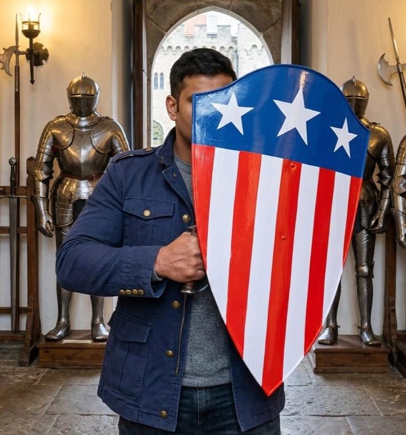 May include: A kite-shaped shield featuring a blue upper section with three white five-pointed stars and a lower section with vertical red and white stripes. The shield has a smooth, glossy finish and a pointed bottom edge, held by a handle on the back.