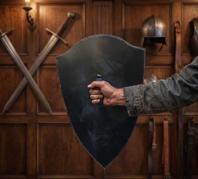 May include: A heater-style shield with a smooth, matte black finish and a central vertical handle. The shield features a pointed base and a curved top edge, presenting a solid, dark surface that contrasts with the metallic sheen of the handle.