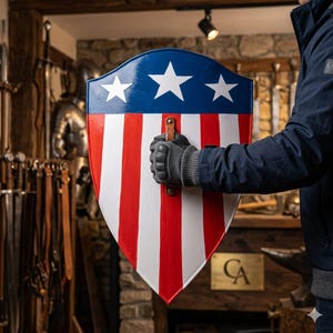 May include: A shield featuring a pointed bottom and a flat top with a blue upper section containing three white stars. The lower portion displays vertical red and white stripes. A brown leather handle is attached to the center of the shield.