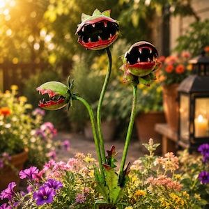 May include: A metal garden sculpture featuring three stylized carnivorous plants with green and red painted leaves, sharp teeth, and open mouths, supported by thin green stems rising from a base planted in a round terracotta pot.