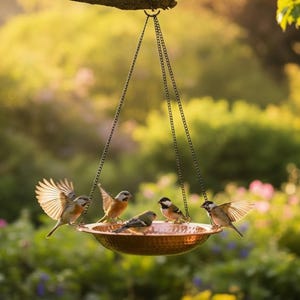 May include: A copper-colored bird feeder hanging from a tree branch, filled with water and visited by several small birds. The feeder is suspended by chains, and the background is a blurred view of a garden with green foliage and flowers.