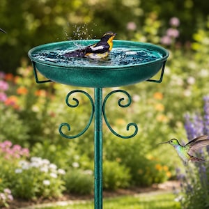 Vintage Garden Bird Bath on Tall Stand – Weather-Resistant Powder Coated Feeder with Five-Pronged Base and Removable Bronze Bowl