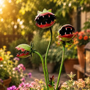 Venus Flytrap Garden Stake | Metal Carnivorous Plant Decor | Whimsical Yard Art | Halloween Garden Decoration | Outdoor Planter Accent