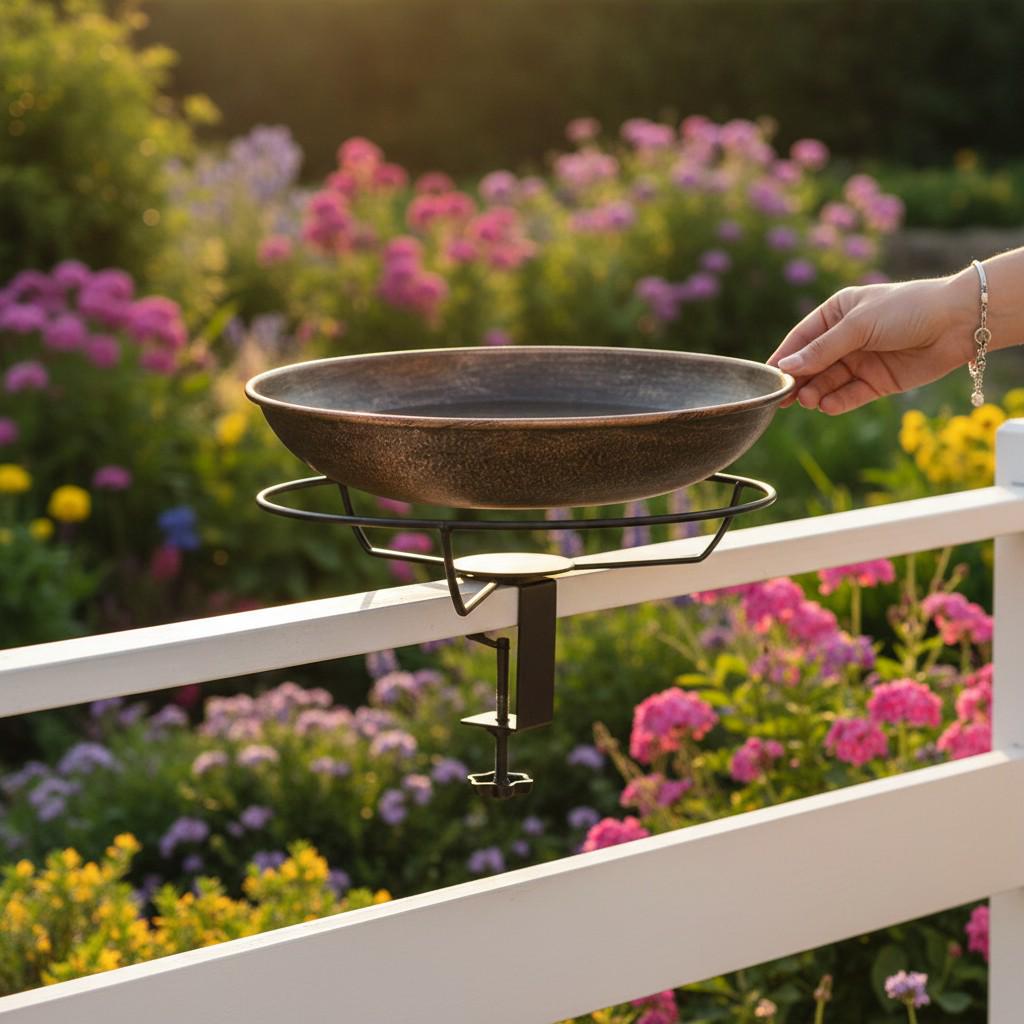 Bird Bath Railing Clamp-on Outdoor Bird Bath With Bronze Finish – 12-inch Removable ...