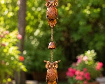 Lange Eulen-Regenkette für den Außenbereich – 230 cm lange, bemalte Eisenskulptur im Waldstil mit 5 Eulen für Gartenpergola oder Veranda-Dachrinnenfallrohr