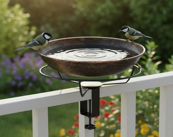 Klemm-Vogeltränke im Freien mit Bronze-Finish - 12-Zoll-abnehmbare flache Schüssel für Balkon- und Deck-Geländer-Gartenräume