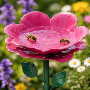 Könnte beinhalten: Ein leuchtend pinkfarbenes, blumenförmiges Vogelbad mit einem zentralen, mit Wasser gefüllten Becken. Zwei Honigbienen sitzen auf dem inneren Rand des Beckens. Die Struktur wird von einem dünnen, grünen Metallstiel mit zwei grünen Metallblättern gehalten.