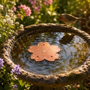 May include: A copper-colored, five-petaled flower-shaped floating ornament rests in a circular stone birdbath filled with water. A small brown bird with an orange breast stands on the textured, weathered stone rim of the basin.