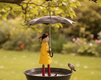 Hanging Metal Bird Feeder with Umbrella Girl Design – Garden Bird Bath Tray Decor