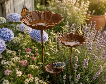Tuteur de bain d'oiseau, fleur de lotus, décoration de jardin rustique, station d'eau pour abeilles et papillons