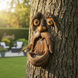 May include: A brown, whimsical tree face bird feeder with a long beard and a bowl-shaped mouth filled with birdseed. A small bird perches on the edge of the feeder. The feeder is mounted on a tree trunk, creating a unique garden decoration.