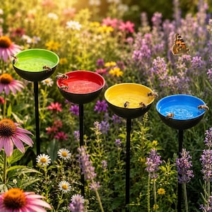 Può includere: Quattro picchetti da giardino con pali in metallo nero e ciotole colorate riempite d'acqua. Le ciotole sono verde lime, rosse, gialle e blu. Diverse api sono appollaiate sui bordi delle ciotole per bere acqua in un giardino.