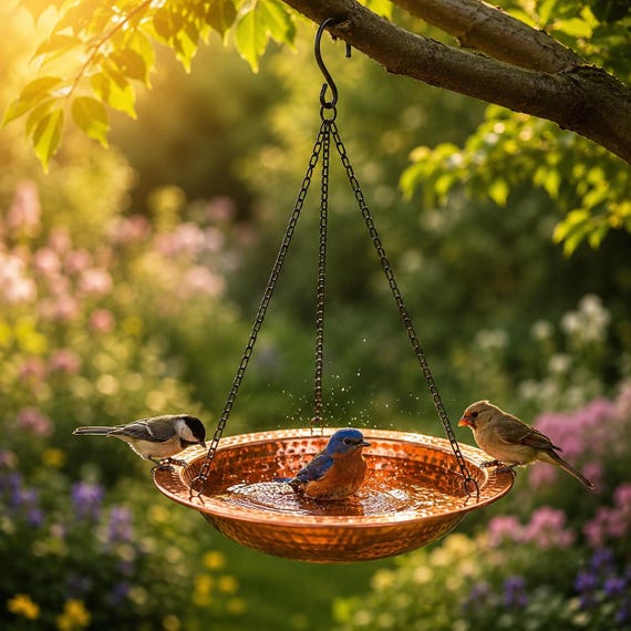Hammered Copper Hanging Bird Bath Feeder | Outdoor Garden Bird Bath | Hanging Bird Feeder | Patio Tree Decor | Wildlife Gift