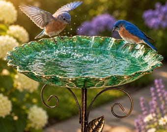 Metal Bird Bath Feeder on Decorative Garden Stake, Rustic Copper Iron Stand with Teal Bowl, Outdoor Yard Decor