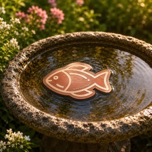 May include: A flat, copper-coloured fish-shaped object floating in a circular stone birdbath filled with water. The object features a stylised fish outline and the text 99.9% Pure Copper engraved on its surface, creating ripples in the water.
