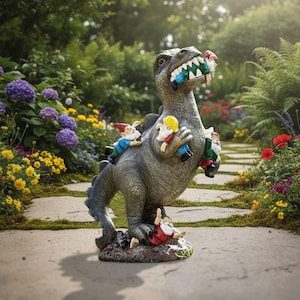 Op de afbeelding: Een grijs dinosaurus tuinbeeld met een textuur van schubben, afgebeeld met een open bek die een kleine kabouterfiguur in de tanden houdt, terwijl drie andere kabouters op het lichaam zitten en één aan de voeten op een voetstuk ligt.