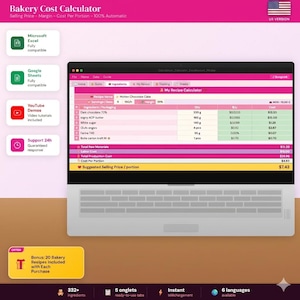 Peut inclure: Un écran d'ordinateur portable affiche un calculateur de coûts de boulangerie avec une interface rose et blanche. Le calculateur comprend des champs pour les ingrédients, les quantités et les coûts, avec le texte "Suggested Selling Price / portion" mis en évidence en jaune. Le texte "Bakery Cost Calculator" est en haut.