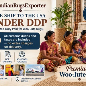 May include: A promotional graphic for IndianRugsExporter featuring text about DDP shipping to the USA for Woo-Jute rugs. The image displays three adults and two children sitting on a woven rug, weaving fibers, with icons for delivery services.