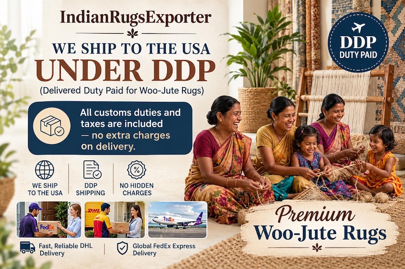 May include: A promotional graphic for IndianRugsExporter featuring text about DDP shipping to the USA for Woo-Jute rugs. The image displays three adults and two children sitting on a woven rug, weaving fibers, with icons for delivery services.