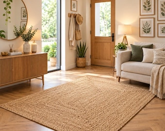 May include: A rectangular area rug made of natural woven jute fibers with a thick braided border. The rug features a light tan color and a textured surface, positioned on a light brown wooden floor in a room with a sofa and wooden furniture.