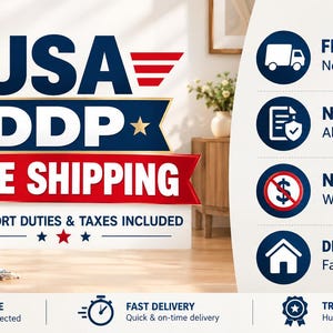 May include: A graphic display featuring the text USA DDP FREE SHIPPING with an American flag in the corner. The right side lists shipping benefits including no hidden charges, no customs fees, and home delivery. Bottom icons indicate safe, fast, and trusted service.