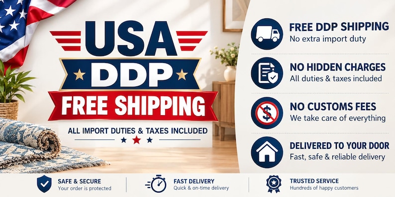 May include: A graphic display featuring the text USA DDP FREE SHIPPING with an American flag in the corner. The right side lists shipping benefits including no hidden charges, no customs fees, and home delivery. Bottom icons indicate safe, fast, and trusted service.