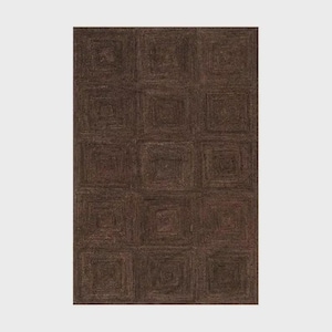 May include: A rectangular area rug in a deep dark brown color featuring a repeating grid pattern of concentric squares. The surface has a textured, woven appearance with visible fiber details throughout the entire construction of the floor covering.